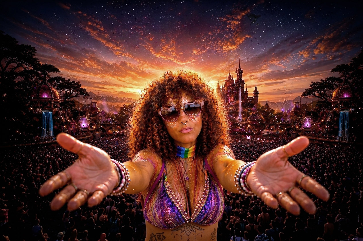 Mujer con gafas de corazón y flequillo de rizos, brazos abiertos, ante un castillo iluminado al atardecer — atmósfera inspirada en Tomorrowland